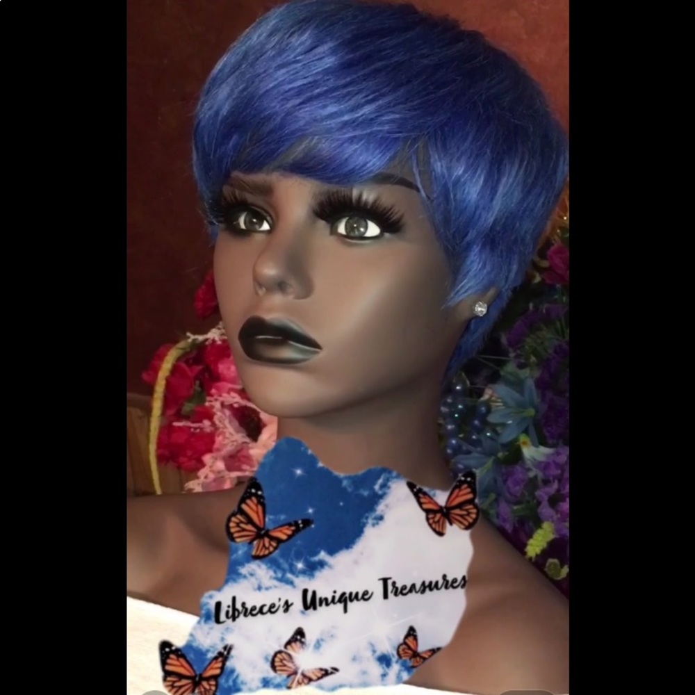 100% human Blue pixie wig